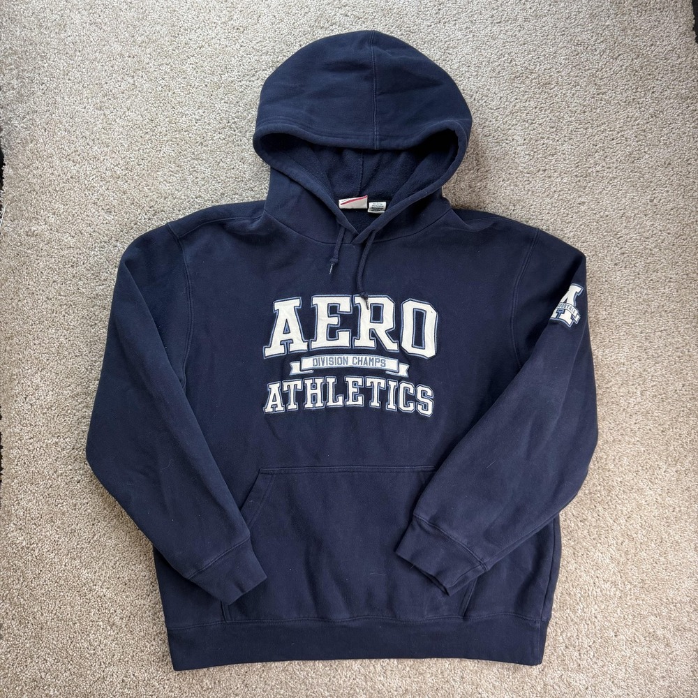 Y2K Aeropostale Hoodie Mens Large Blue Fleece Pullover Aero Athletics Sweatshirt